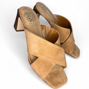 NWOT Vince Camuto Slip On Suede Criss Cross Stap Tan Women's Block Heels Mules 8